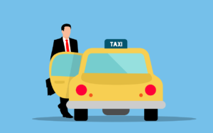 A man is standing next to a taxi car.