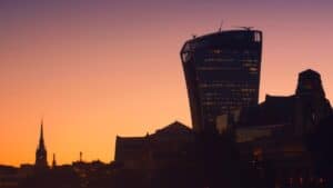 The skyline of london at sunset.