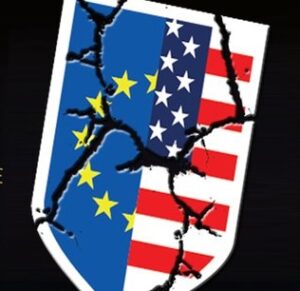 A shield with the eu and u s flags on it.